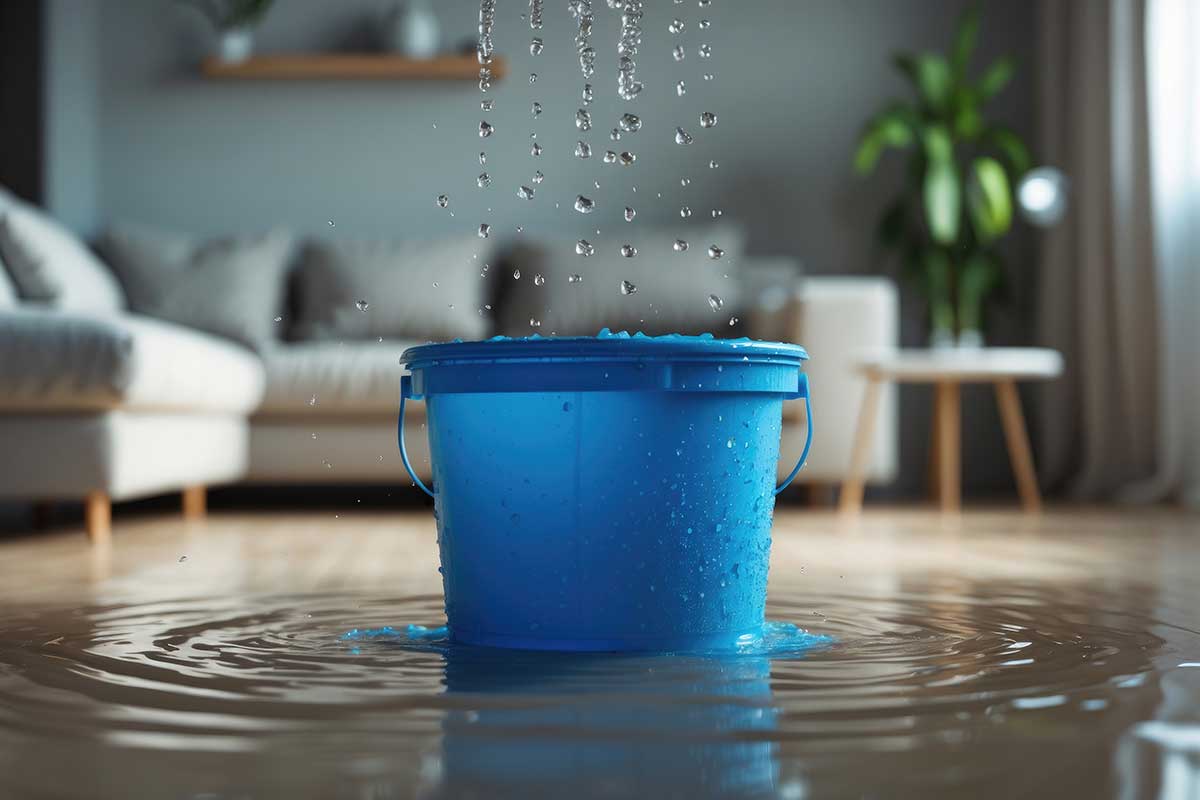 Water dripping from the ceiling into a plastic bucket on the floor of the living room